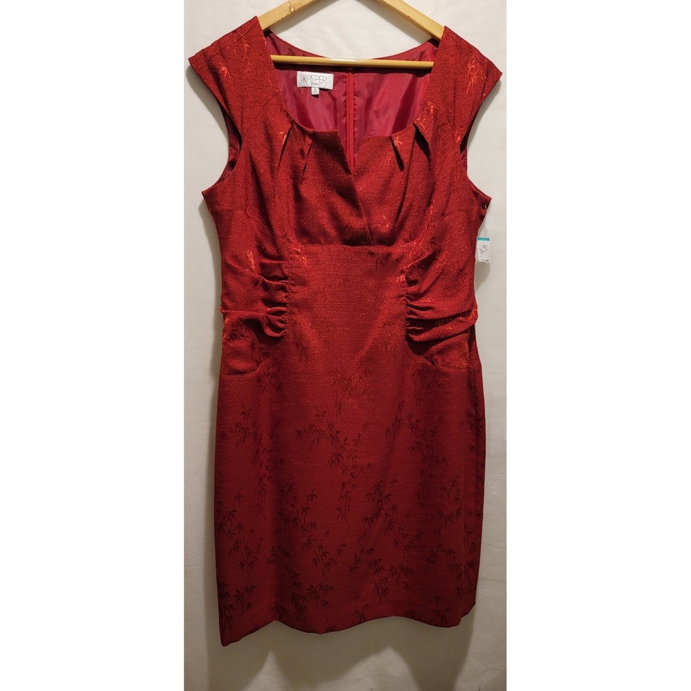 Kasper Sheath Dress Sz 16 Floral Red Jacquard Ruched Formal Evening Shimmer Midi